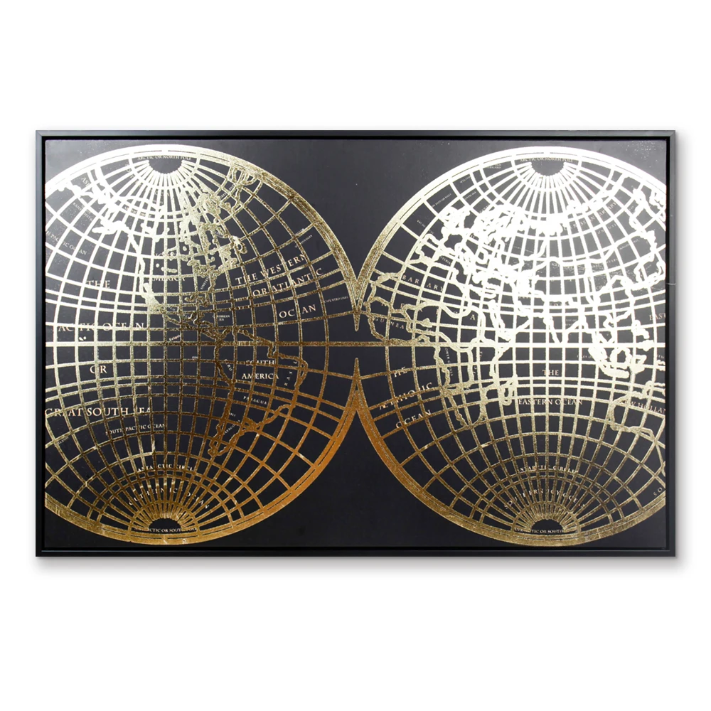 Modern popular world map in gorden foil for hotel framed art print