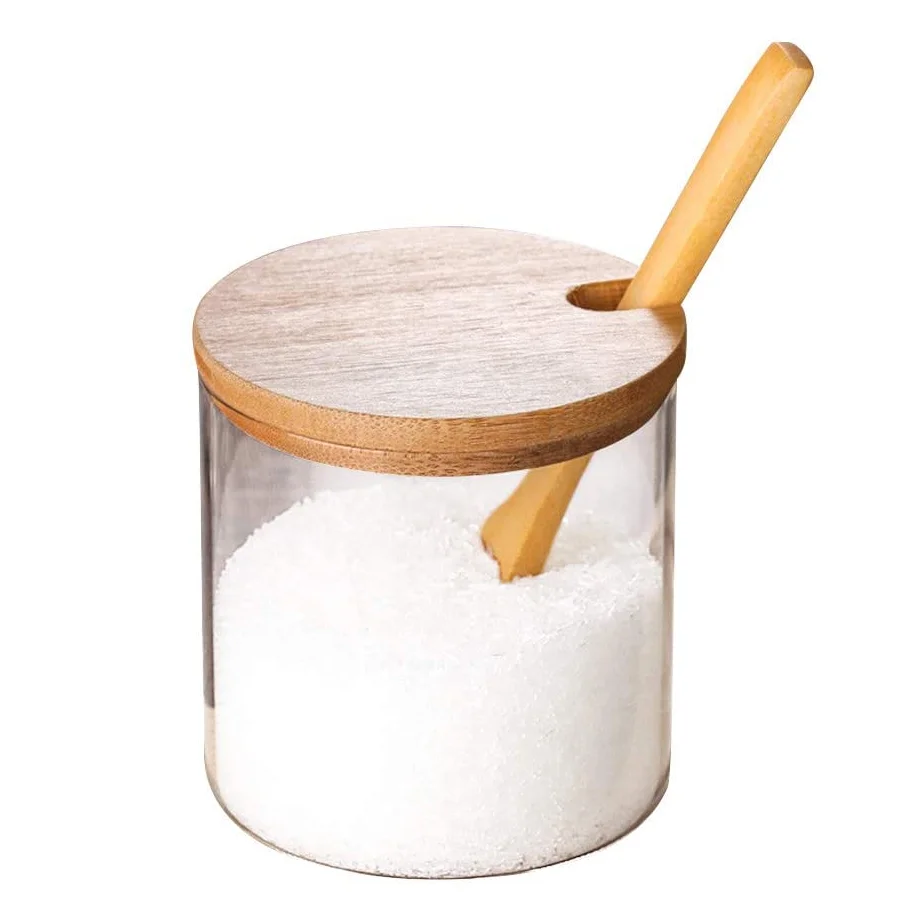 Hot Sale Borosilicate 200ml Glass Bath Salt Jar With Spoon Bamboo Lid Storage Container