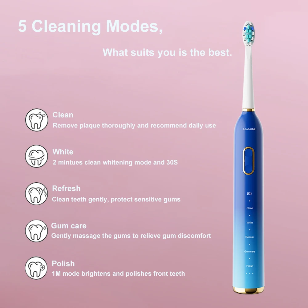 Adult Ultrasonic Electric Toothbrush 5 Modes Powerful USB Rechargeable Tooth Brush Waterproof Automatic OEM Electric Toothbrush