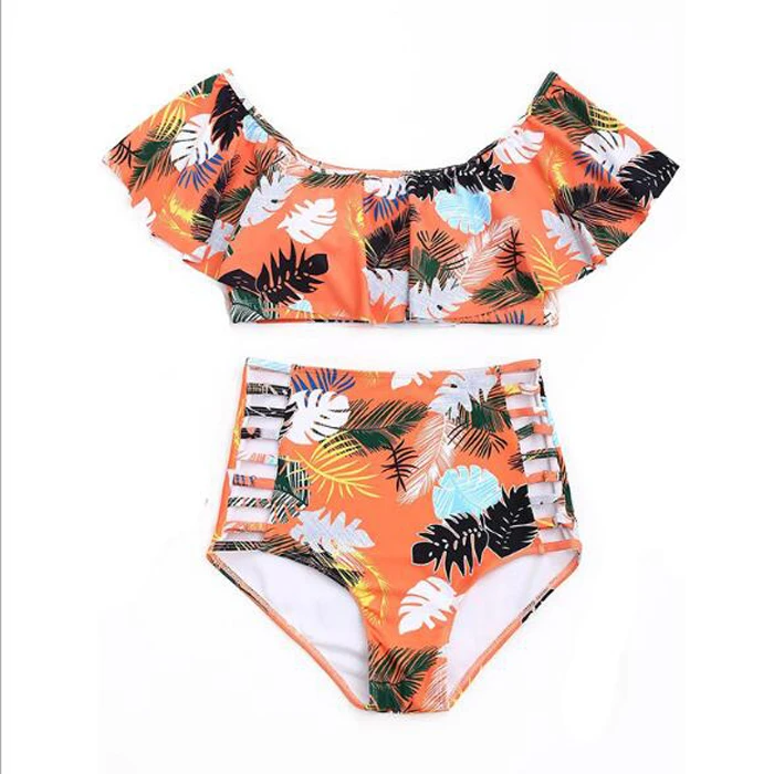 High Waist  Swimsuit Front Large Ruffles Bikini Bottom Side Cross Bandage Swimwear