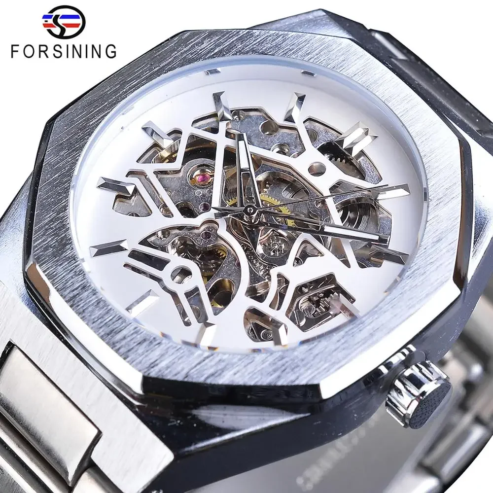 Forsining Mechanical Automatic Mens Watches Waterproof Luminous Hands Business Wristwatch Silver Stainless Steel Clock