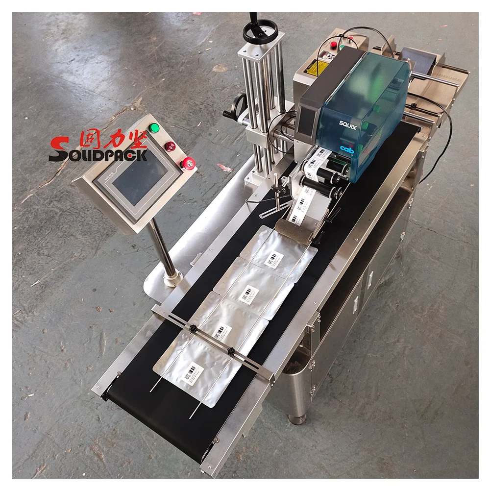 Solidpack automatic small bag/card feeding and top side labeling machine with online printing apply system with thermal printer