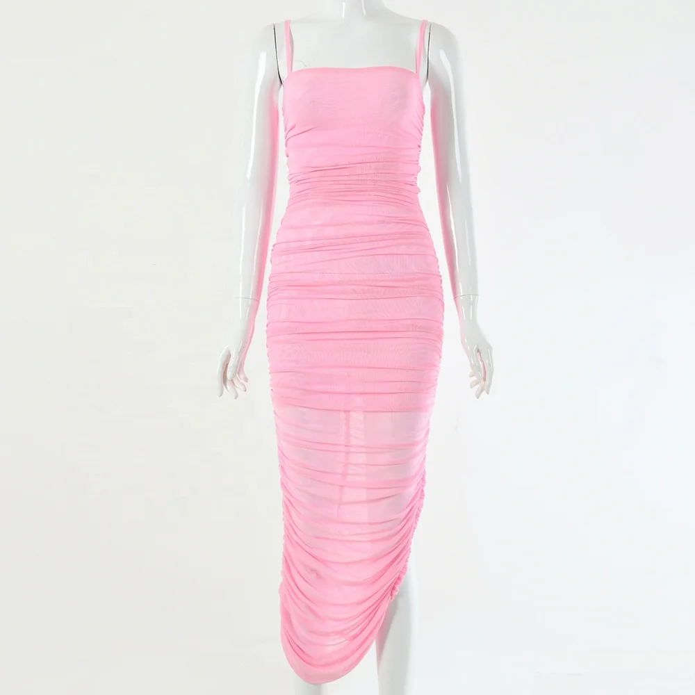 2019 night club ruffle mesh dress ladies spaghetti strap bandage dress