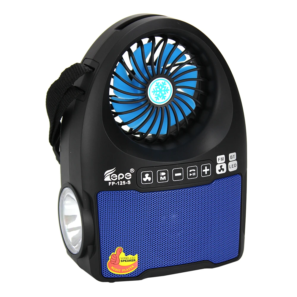 2021 Newest FP solar wireless speaker with electric Fan FP-125-S portable  FM radio speaker with Led torch