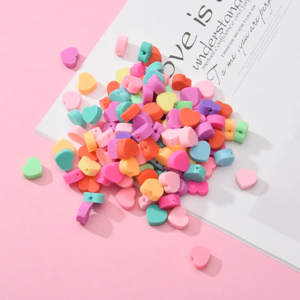 Hobbyworker Colorful Love Heart Loose Spacer Mixed Polymer Clay Charms Beads for DIY Jewelry Bracelet Earring Necklace Making