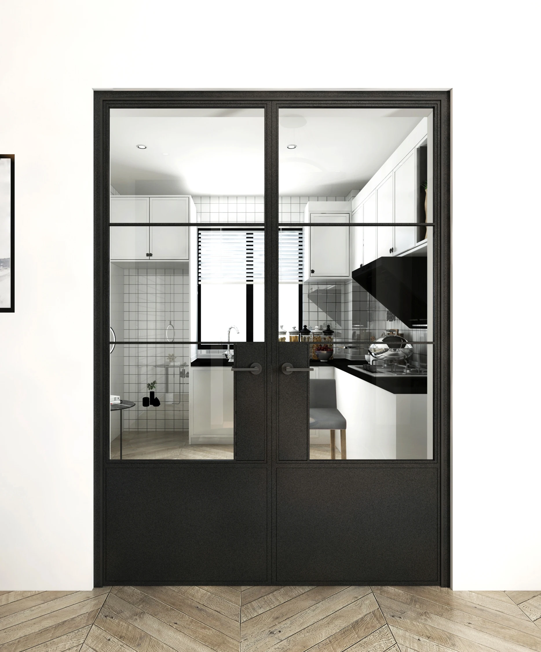 Interior Partition 3 Lites&Base Black Steel Frame Clear Glass Sliding Barn Door with Door Hardware