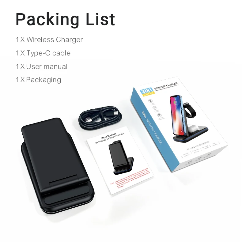 Foldable QI  3 In 1 Wireless Charger 3 In 1 15w Fast Wireless Phone Charger Pad