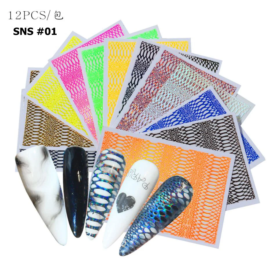12 pcs per bag mixed color Snake Hologram Nail Stickers Animal Design Metal Snake Temporary Tattoo Manicure 3d Nail Decals