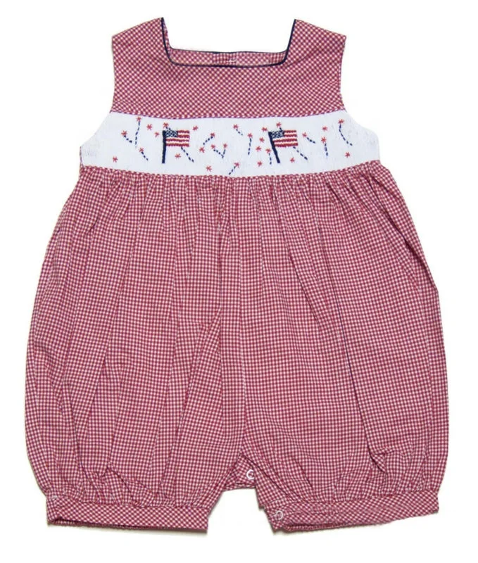 Infant/Toddler Red Mini Gingham Smocked Patriotic Flags Bubble