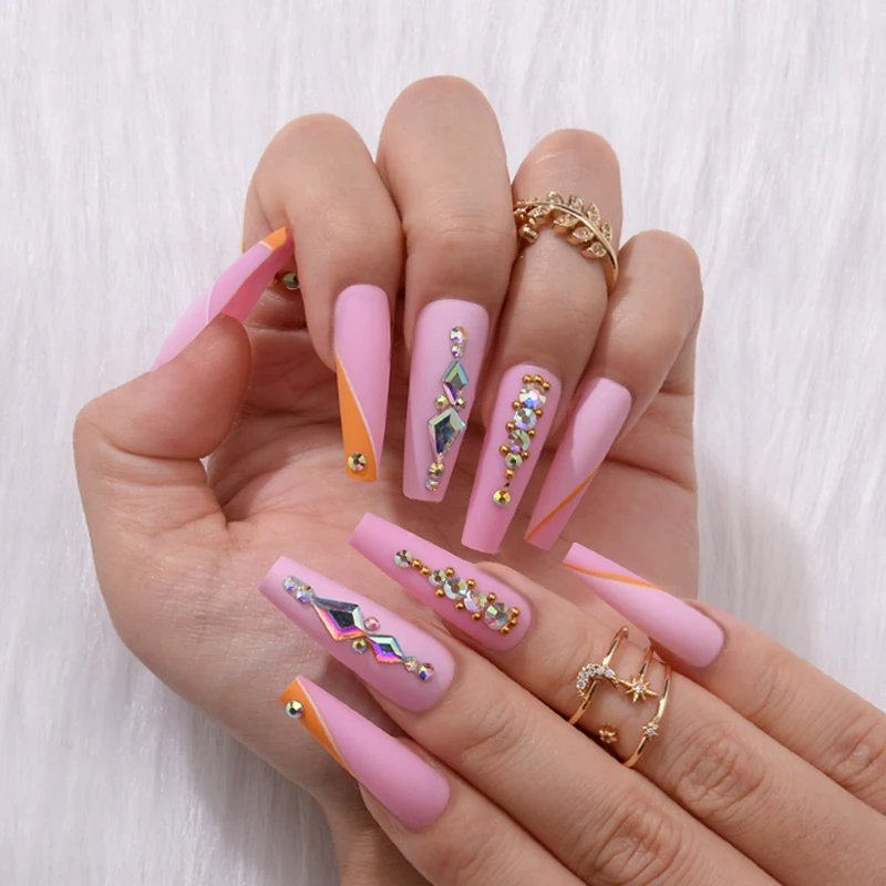2022 Luxury Bling Pink High Quality Bulk False 3d Acrylic Design Wholesale Custom Press On Nails With Rhinestones and Box