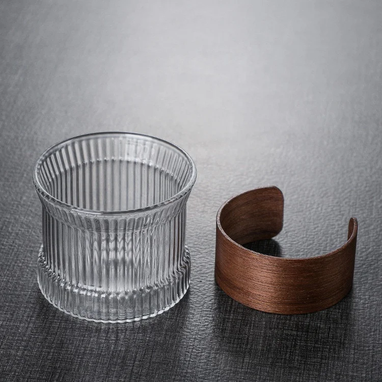 New Design 150ML Stripe Clear Glass Coffee Cup Wide Mouth Ribbed Small Hammer Borosilicate Glass Tea Cups With Wood Sleeve
