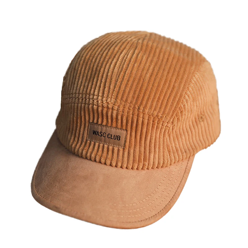 Custom corduroy 5 panel snapback hat low profile unisex leather patch logo vintage 5 panel camper hats