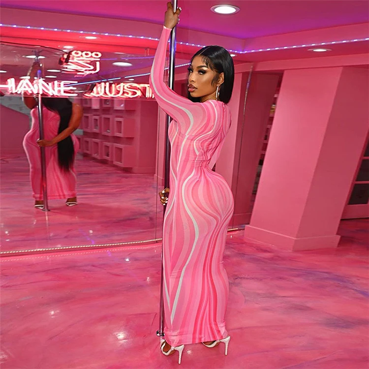 2021 Fall Clothing Breathable New Style Women Slim Fitted Printing Long Sleeve Mesh Maxi Dresses Sexy Transparent Striped Dress