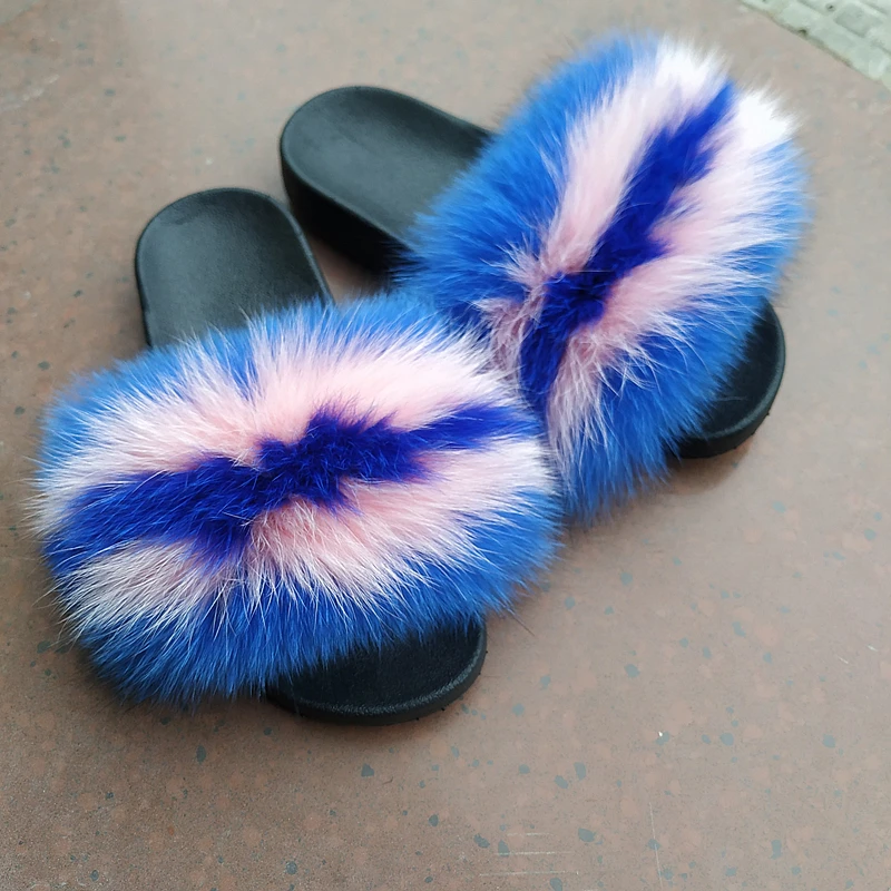 
Wholesale bright colors ladies fox fur slippers furry sandals fur slippers 