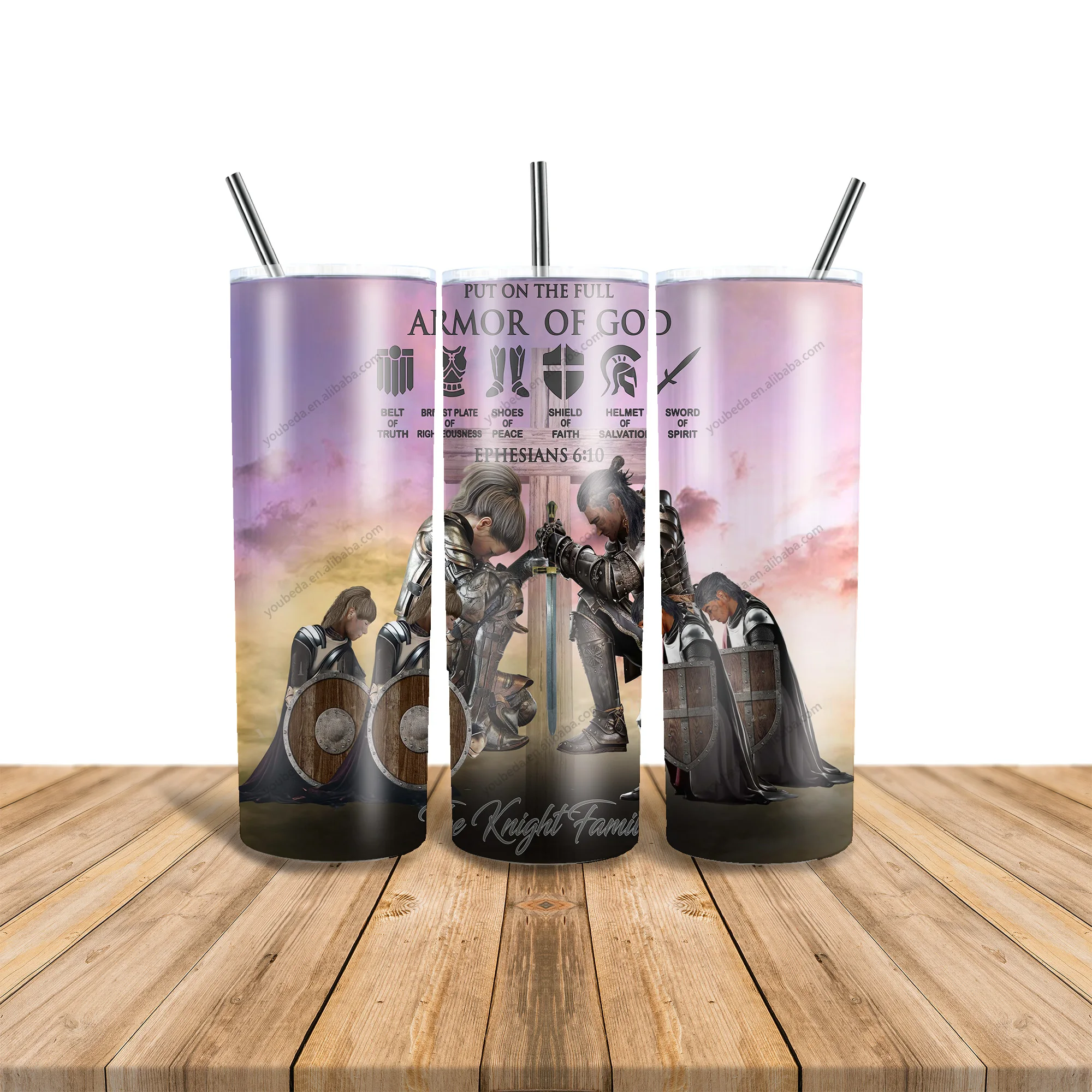 custom Christian Prayer Warriors Armor of God Kneeling Knight 20oz stainless steel water bottle double wall skinny tumbler