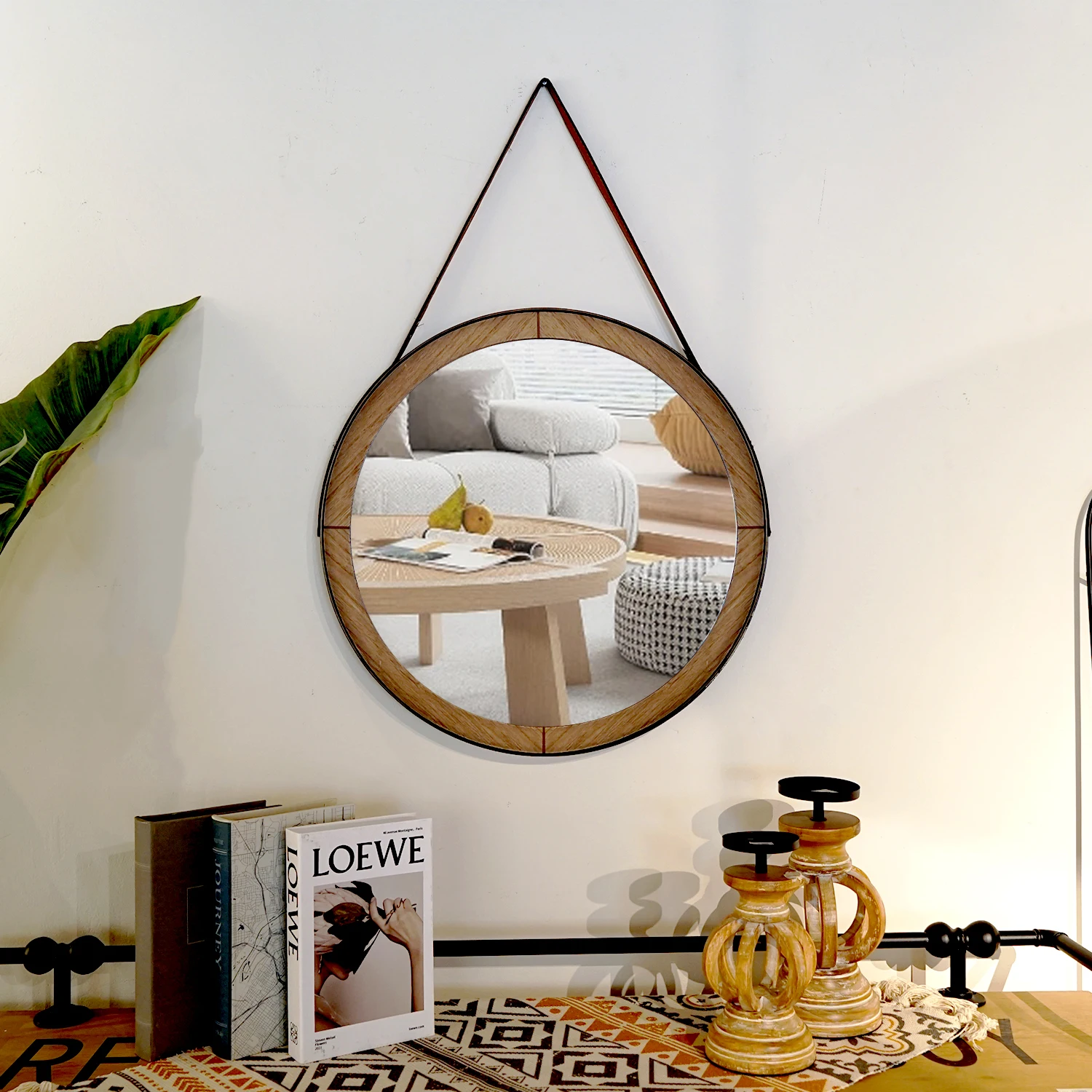 Country style iron wood frame round hanging mirror Home living room hallway porch decoration wall mirror