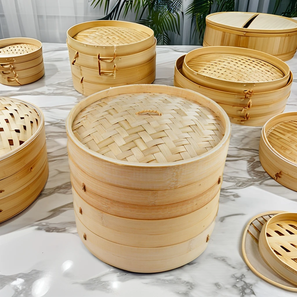 Multi-function Organic 10-14Inch Kitchen Cooker Bamboo Steamer Basket Set Gas Stove Applicable for Rice & Bun & Dumplings Food