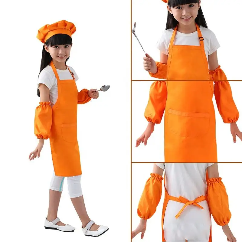 Hot Selling Logo Custom Printing Kids Polyester Apron And Chef Hat Set With 2 Pockets Kitchen Bib Aprons for Cooking Play Game