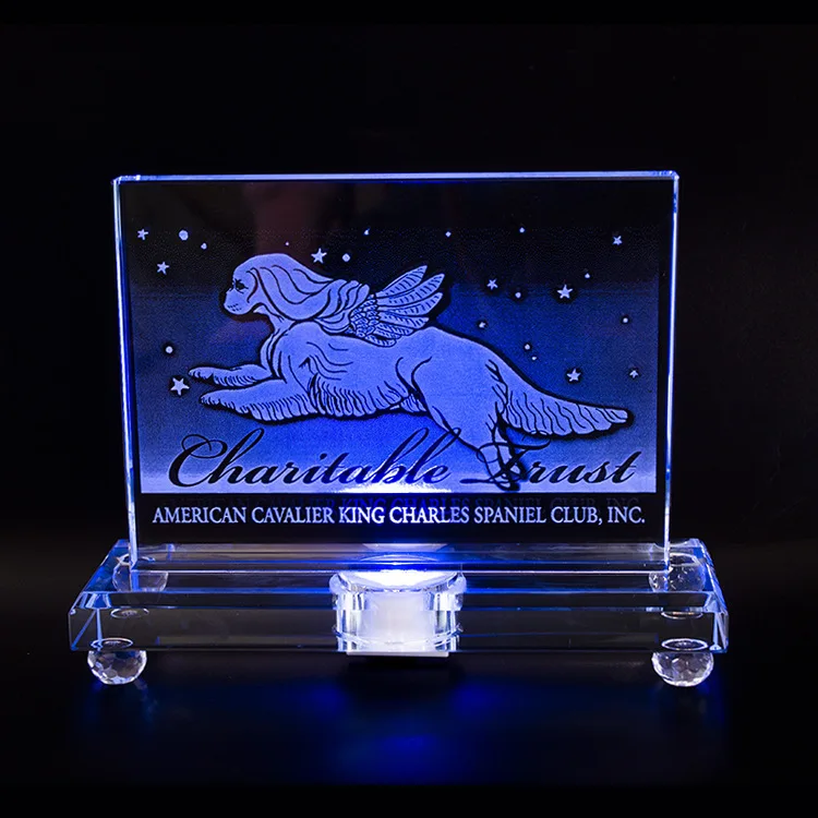 Wholesale custom business gift k9 clear glass crystal craft 3d laser engraved  Led lights Trophy Plaque for corporate team award