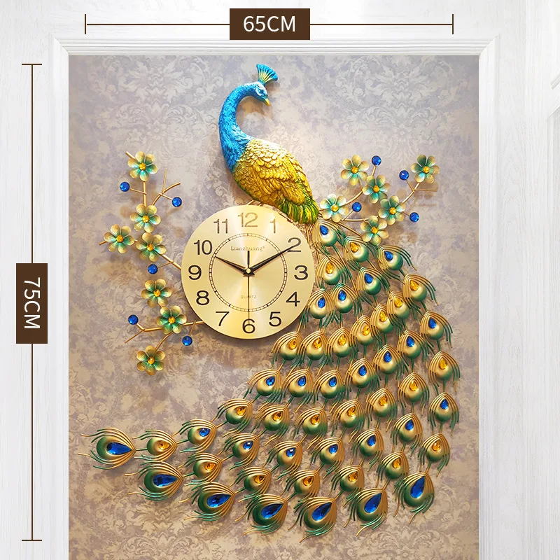 Fashion Gold Peacock Wall Art Clock For Living Room Decor luminous wall clock