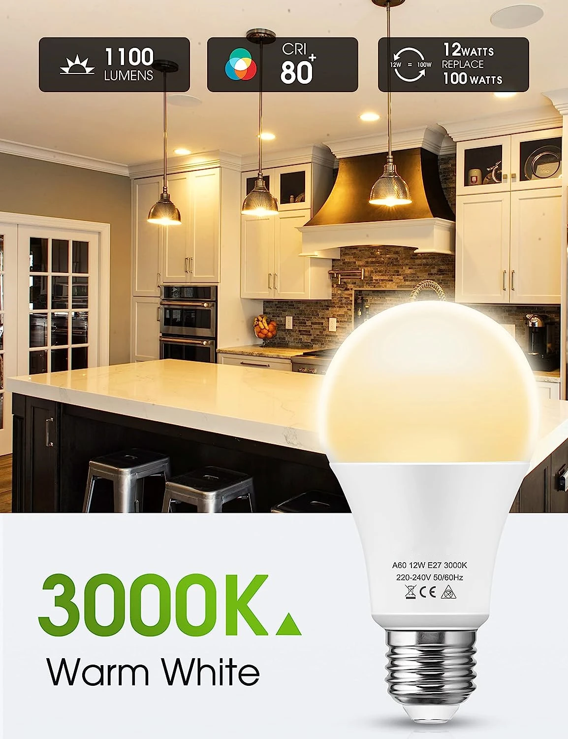 Warm White 3000K Bulb 12W Replaces 100W LED Energy Saving Bulb E27 A60 Led Bulb Light for Corridor Garage Stairs Garden Yard