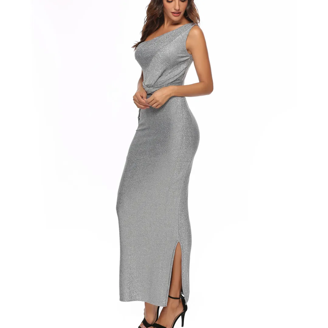 
Women clothes new design grey color one shoulder light silk elegant wedding dress plus size sexy maxi dress bridesmaid 