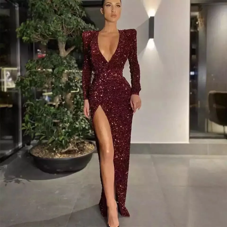 Sparkly Red Evening Gowns Sexy Deep V Neck Long Sleeve Sequins Prom Dress Ruffle High Thigh Split Evening Dress