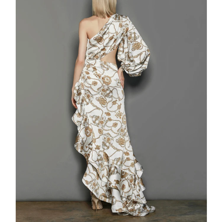 New Arrival High Quality One Shoulder Puff sleeve Silk Satin Cut Out Ruffled Asymmetry Party Evening Sexy Maxi dress