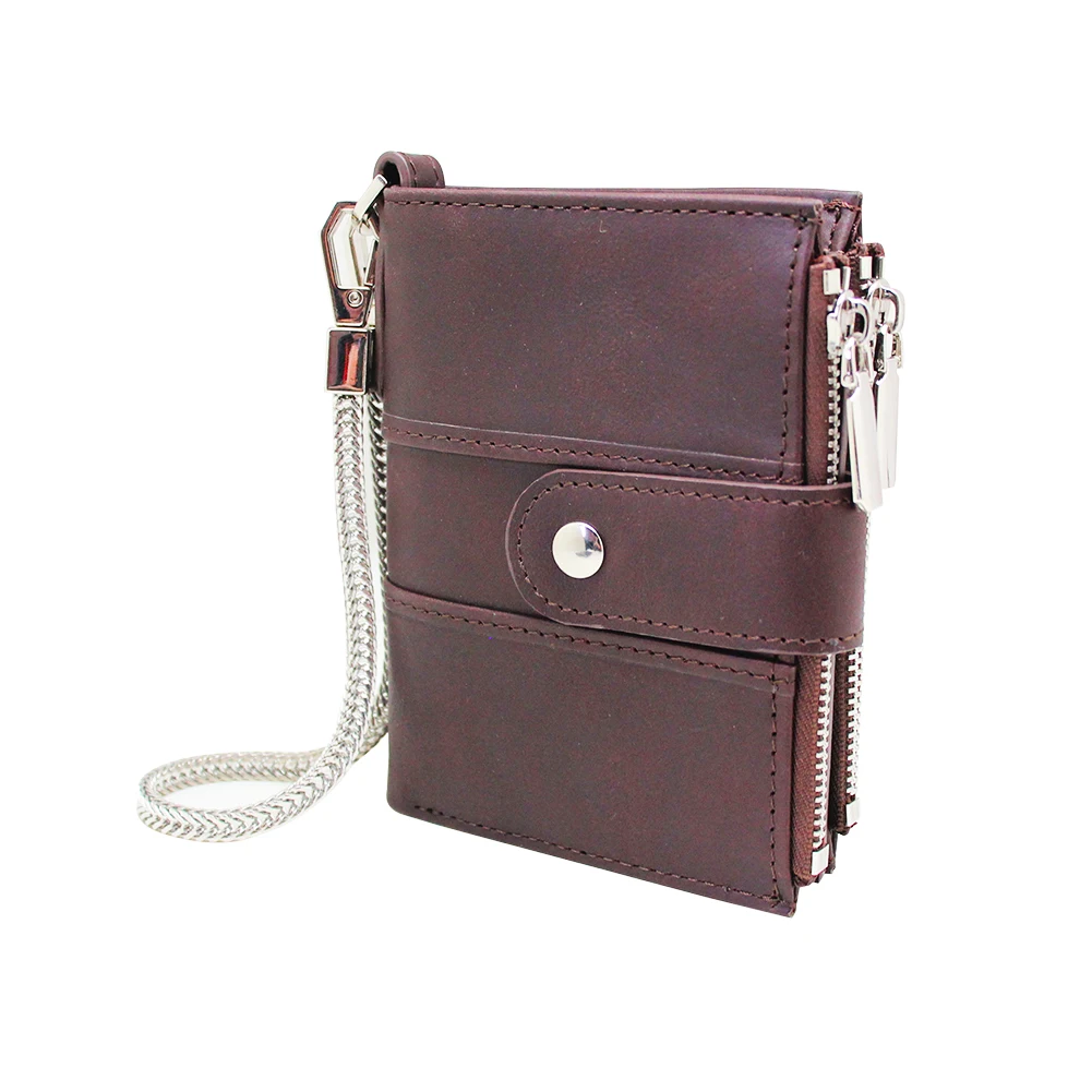 Factory Wholesale Vintage Genuine Leather Double Zippers Wallet With Removable Coin Purse Chain Men Bifold Wallet