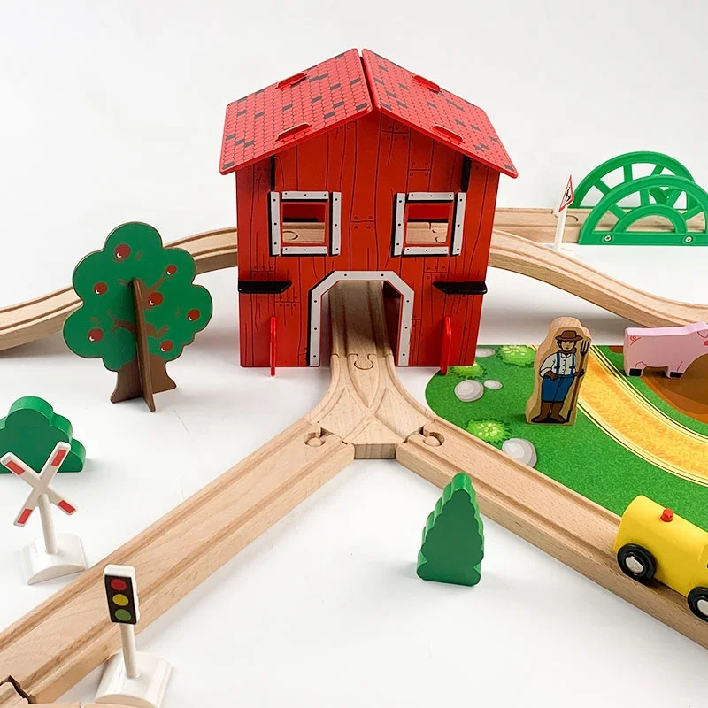 77pcs Wooden Train Set Kids Children Fun Road Crossing Farm Track Set Wooden Toys Kids Stimulation Car Toys