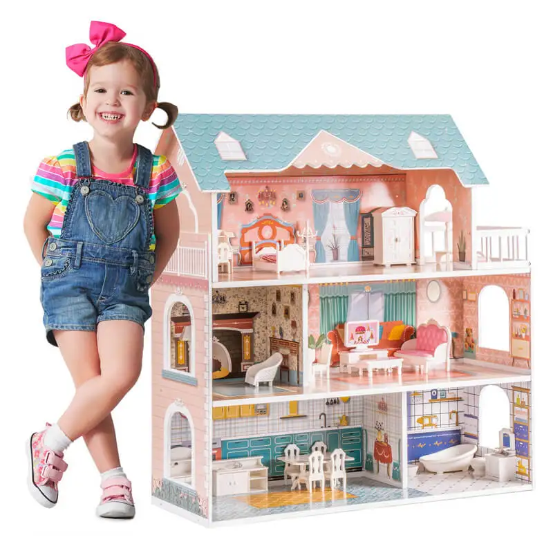 Cheap price wooden make up toy set play house 4 storeys wooden toy doll house with 24pcs mini furnitures