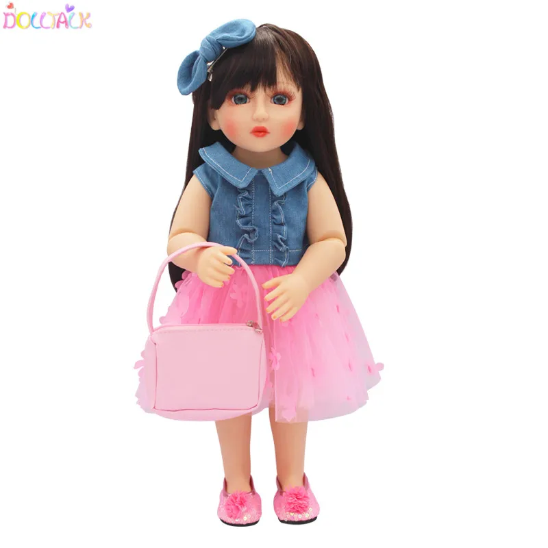 Dolltalk Brand Hot 18-inch American Doll Denim Jacket Stitching Skirt With Bow Headdress, Shoes, Bag Suit Doll Clothes
