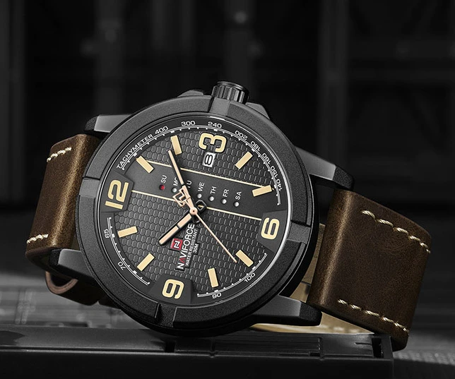NAVIFORCE 9177 Top Quality Leather Strap Creative Day Calendar Unique Men Watch