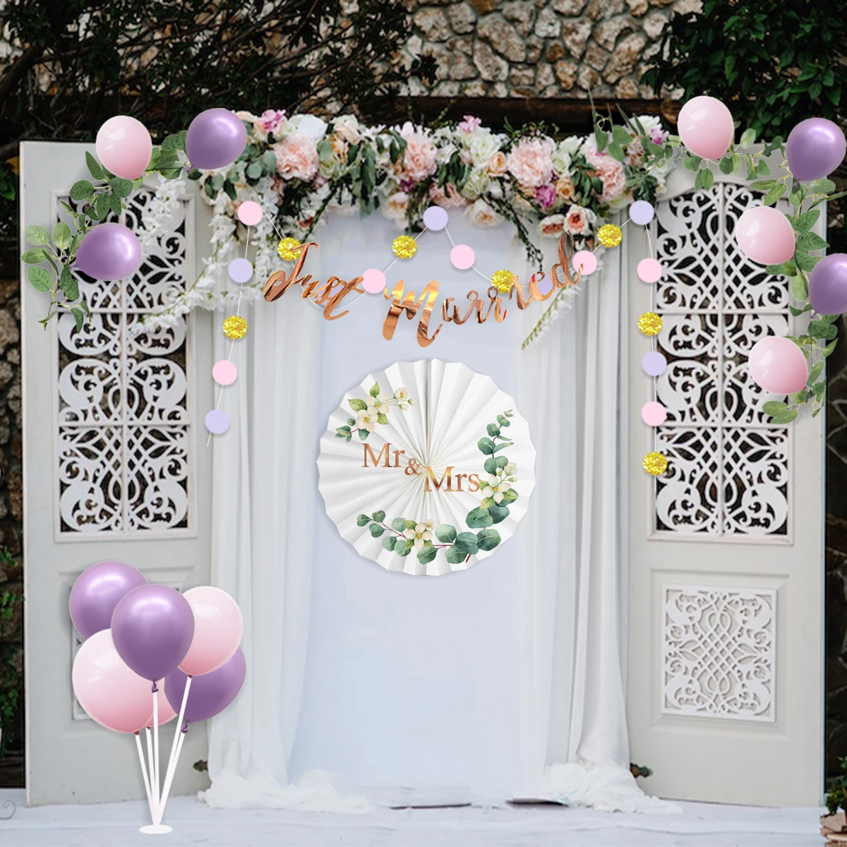 Nicro Wedding Theme Party Decoration Just Married Banner Latex Balloon Paper Fan Wooden Photo Clip String Wedding Party Supplies