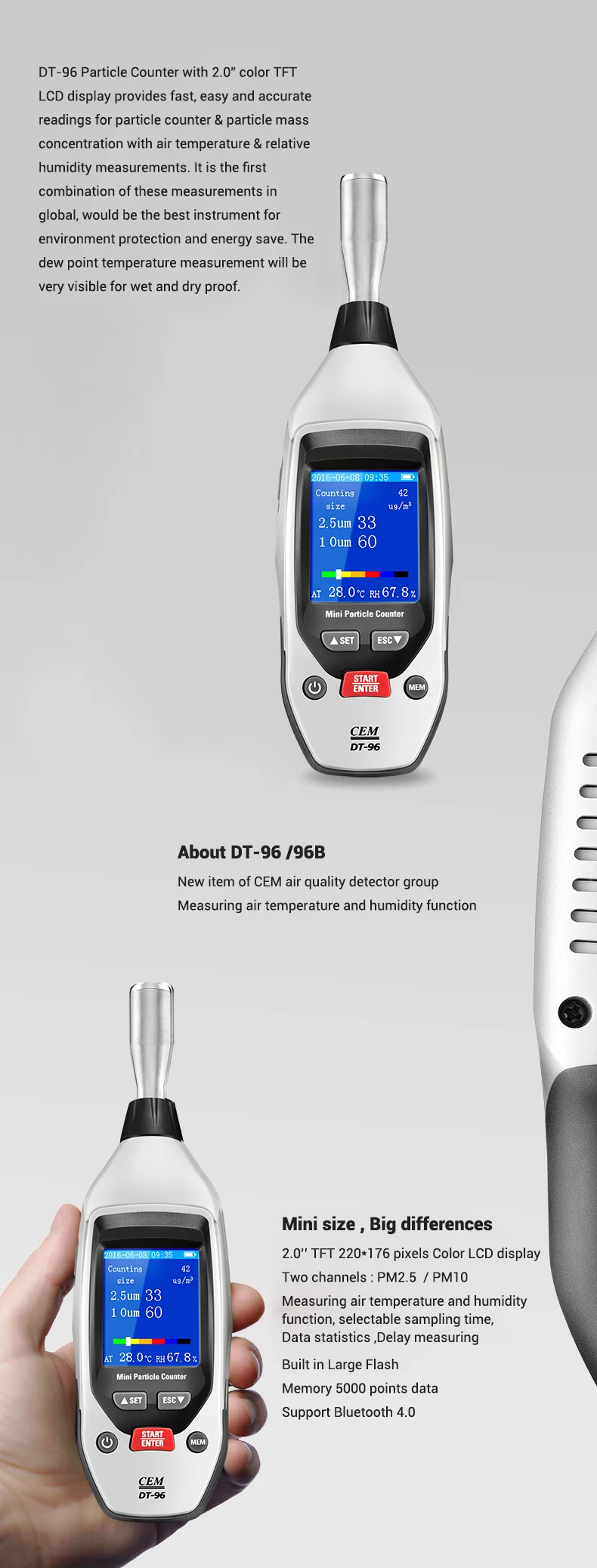 
CEM DT-96 PM2.5, PM10um Handdled Professional Air laser particle counter for clean room gas particles 