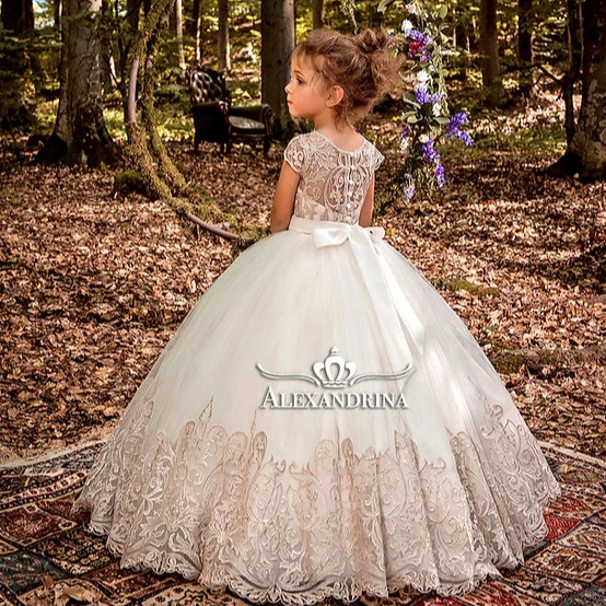 Ivory Lace Champagne Tulle Wedding Flower Girl Dress Kid Birthday Party Dress Couture Ball Gown Dress