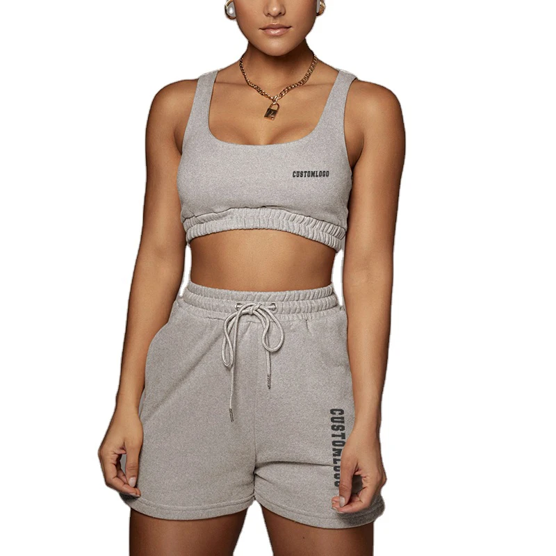Custom Logo 2piece set Women Ribbed Active Vest Crop Matching Sweat Biker 2 piece short set Outfit Women Tracksuit Sweatsuit Set