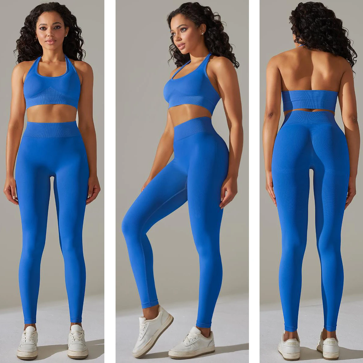 Custom Logo New Arrival Workout Clothing Activewear Fitness Backless Sexy Halter Neck/Open Back Cross Sports Bra Active Wear Set