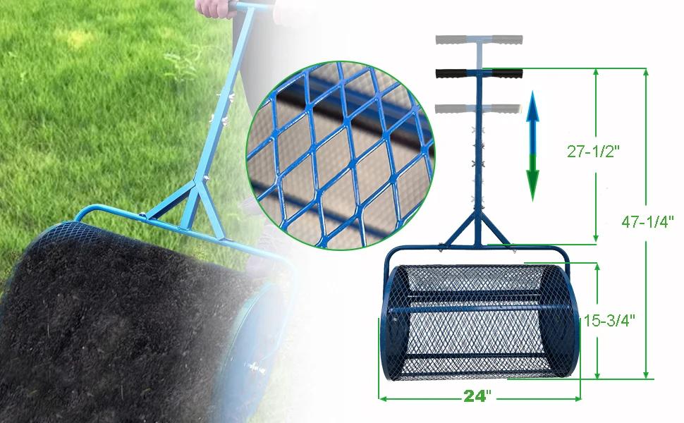 AN-TAI Lawn Spreader Roller Multi Purpose Time Saving Effective Adjustable Handle Metal Mesh Peat Moss Spreader