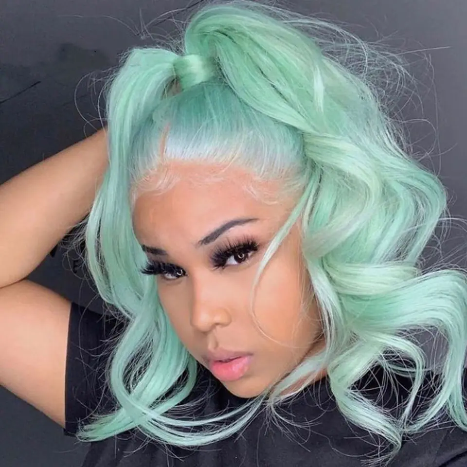Mint Green Colored HD Transparent Lace Frontal Wig Straight Short Bob Human Hair Wig 13x4 Lace Front Wigs For Women Human Hair