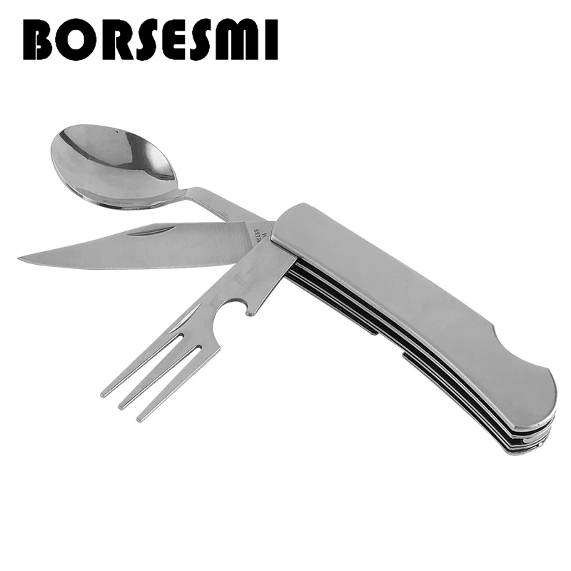 Latest Chinese multifunction stainless steel tableware spoon fork knife reusable picnic set cutlery for camping