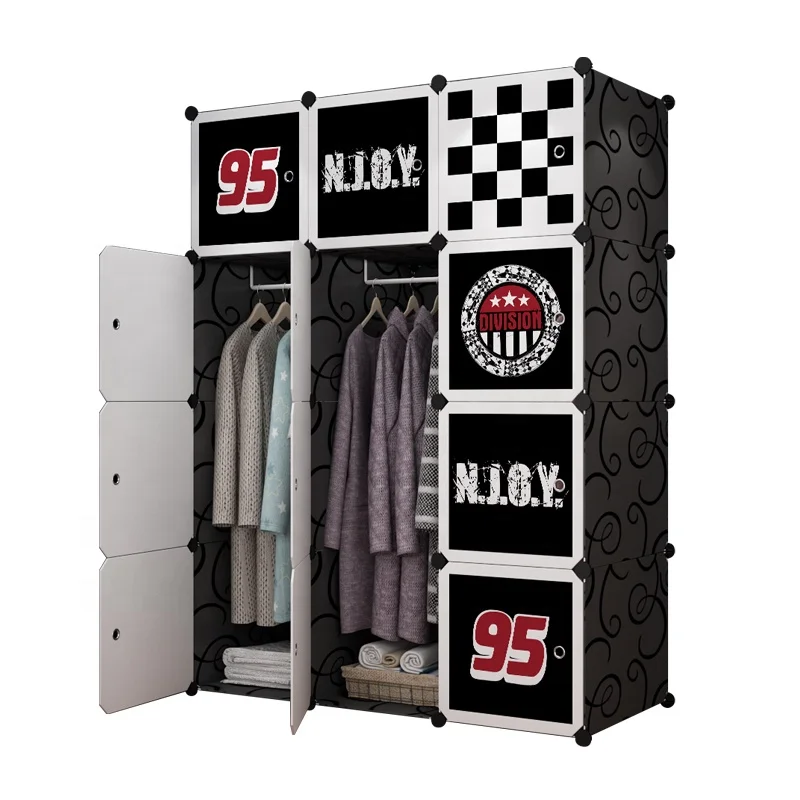 12 Door Portable Bedroom Garderobe  Black DIY Plastic Clothing Wardrobe Cabinets