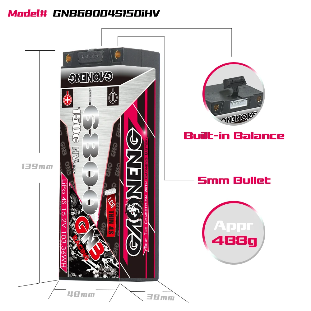 GNB GAONENG 6800MAH 4S 15.2V 150C 5mm Bullet LCG Hardcase RC LiPo Battery for 1:8 1/8 scale RC Car Racing LiHV HV High Voltage