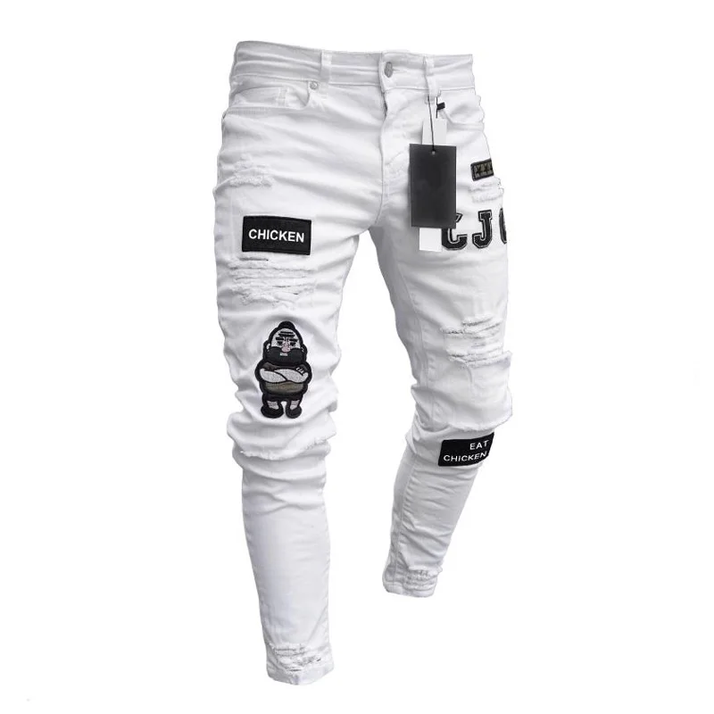 Designer Jeans Men Skinny Straight Legs Ripped Jeans White Striped Patched Casual Jeans
