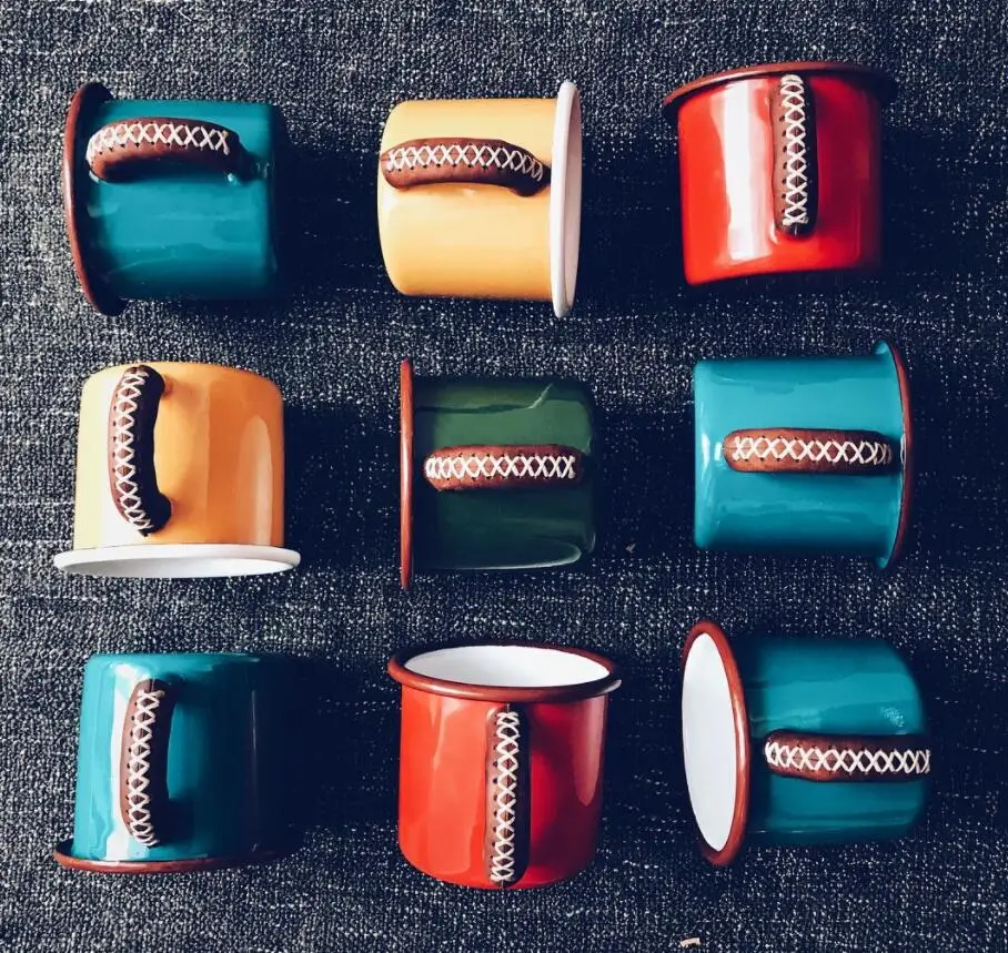 Custom logo enamel white mug, custom steel enamel camping mug, sublimation printing metal enamel cup