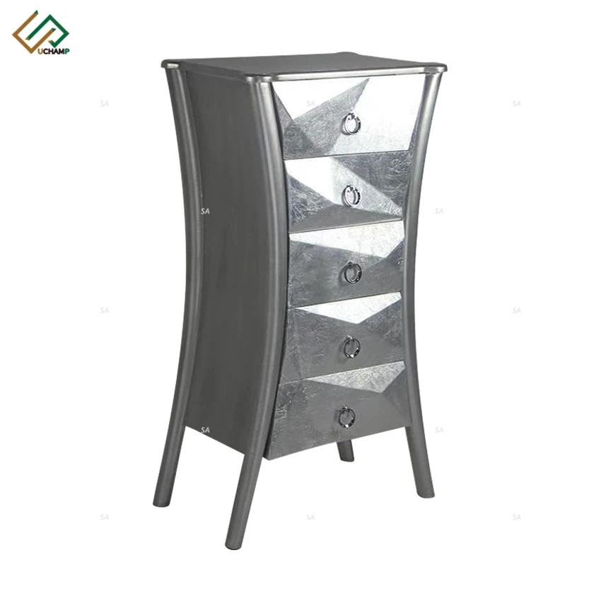 Silver Leaf Antique 5 Drawer Tallboy Chest  Wood Furniture