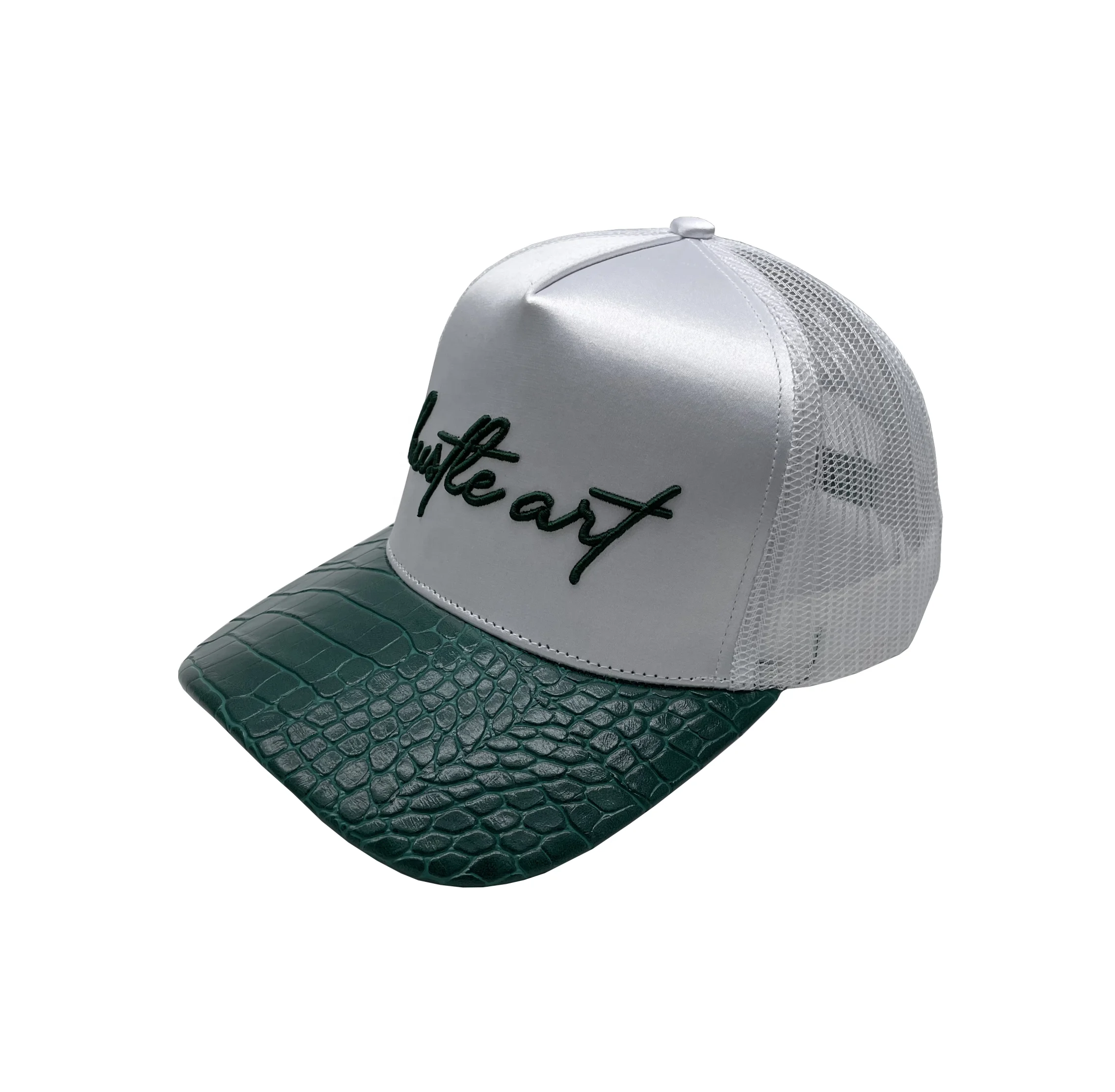 fashion custom high crown mesh back stain 5 panel trucker hat with PU leather brim