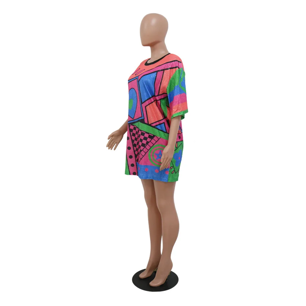 Spring Summer Letter Sequin T-shirt Mini Dress Woman Crew Neck Three Quarter Sleeve Club Dresses Sexy Club Party Casual Dress