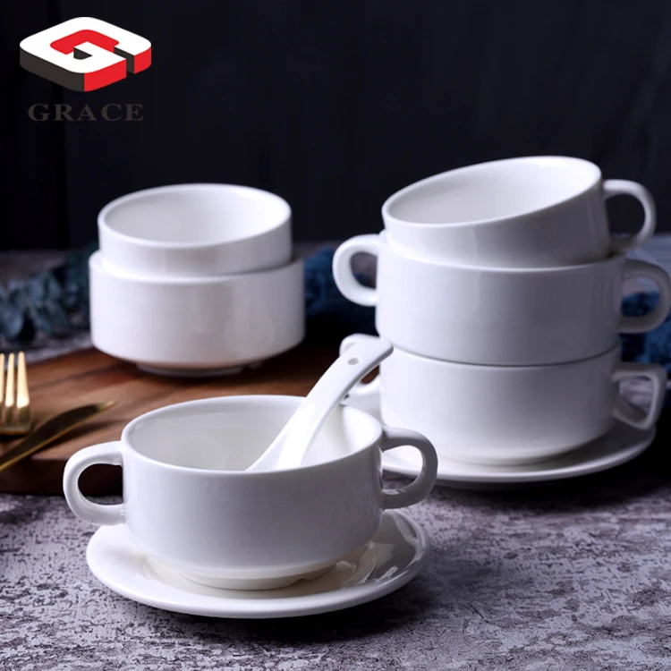 Wholesale double ear ceramic soup bowl set Restaurant supplies porcelain tabalware rice soup bowls for sale