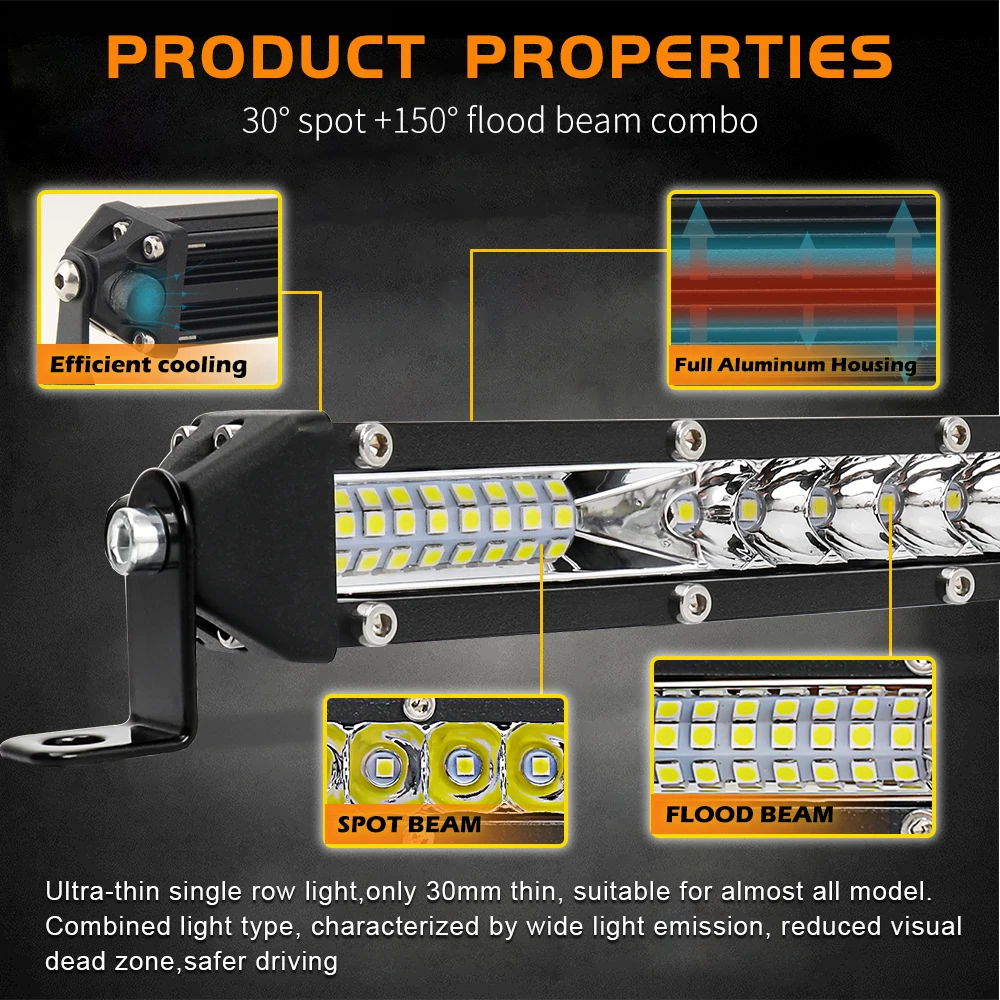 Оптовая продажа, яркий супер тонкий комбинированный прожектор для вождения, 10 Дюймов, 30 дюймов, 20 дюймов, 52 Вт, 36 Вт, 72 Вт, 120 Вт, грузовик 4x4, Однорядный Светодиодный прожектор 6D для внедорожника